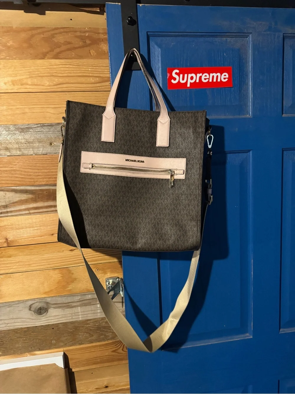 Michael Kors Brown Tote with Pale Pink Trim and Beige Crossbody Strap